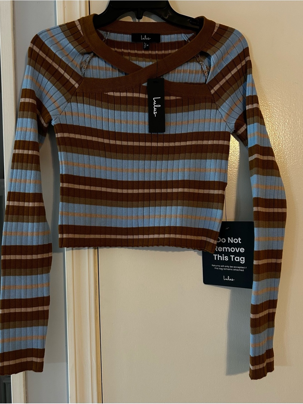 NWT Lulus Tanea Light Blue and Brown Striped Cutout Sweater Top, SZ M RETRO